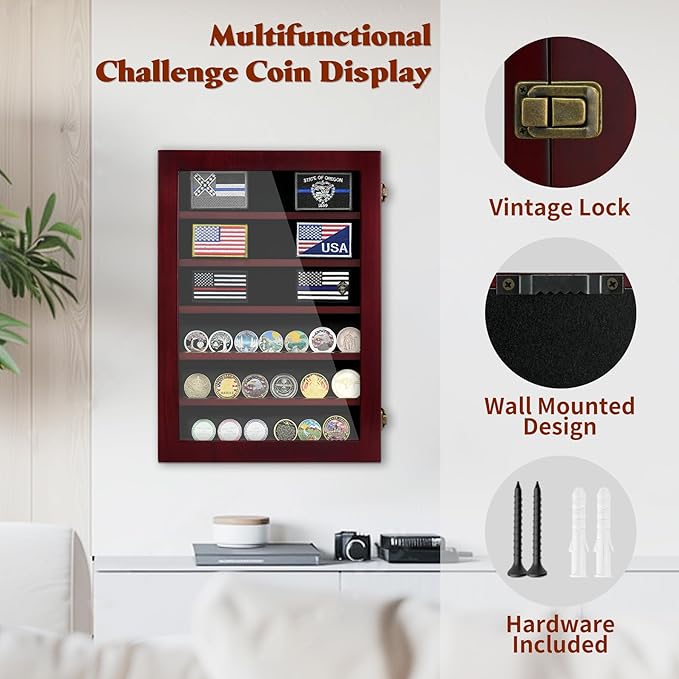 Military Challenge Coin Display Case 6 Rows Wooden Army Coin Holder with HD Tempered Glass Lockable Coin Wall Dsplay Box with Removable Shelves, Red