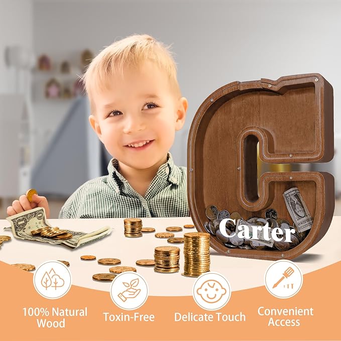 Wooden Letter Piggy Bank for Kids Larger Letter Piggy Bank for Boys and Girls Personalized Piggy Bank Initial Coin Bank Wood Kids Money Bank for Birthday and Festival