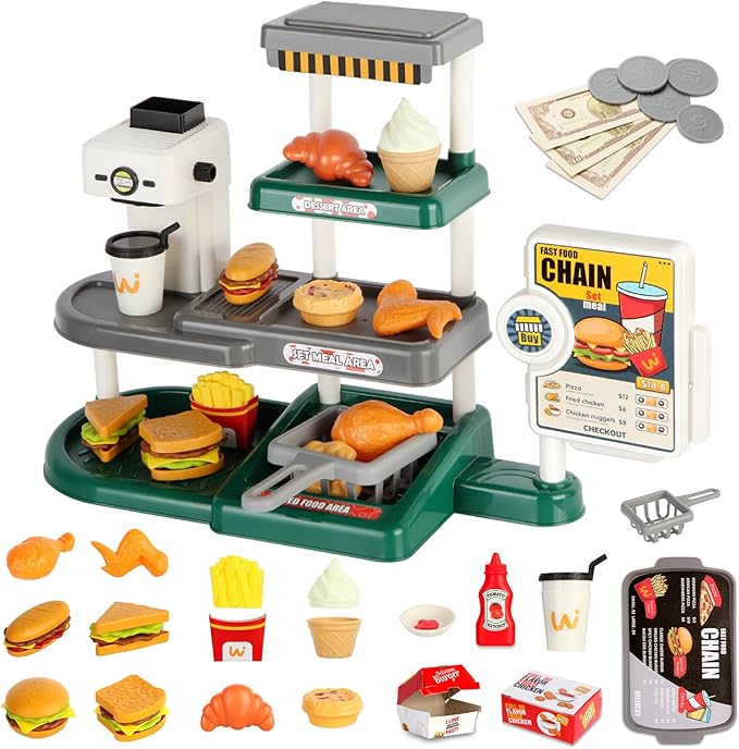 Pretend Play Food Toy for Kids Kitchen with Cash Register, Coffee Maker, 71 Pcs Fast Food Set with Burger, Fries, Ice Cream, Play Money, Educational Birthday Gift for Boys Girls Ages 3-8 (Green)