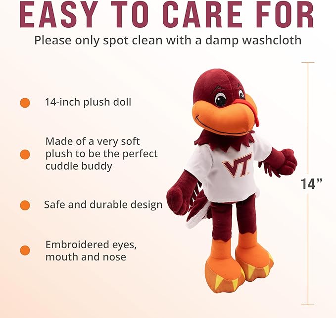 Playtime by Eimmie 14" Virginia Tech University Plush Doll – Soft Rag Doll Mascot for College Football Fans, Sports-Themed Plush Figure for Kids, Toddlers & Collectors, Surface Washable