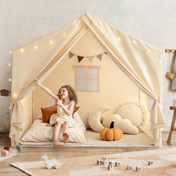 Kids Play Tent with Padded Mat, Large Kids Tent Indoor Play Cottage, Play House Playhouse Castle for Girls Boys