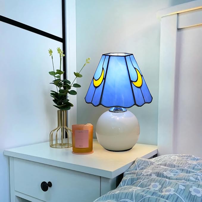 Mushroom Lamp Tiffany Stained Glass Moon lamp Cute Small Bedside Table Lamps for Living Room Home Decor,Girls Women Birthday Christmas Thanksgiving Day Gift,Blue
