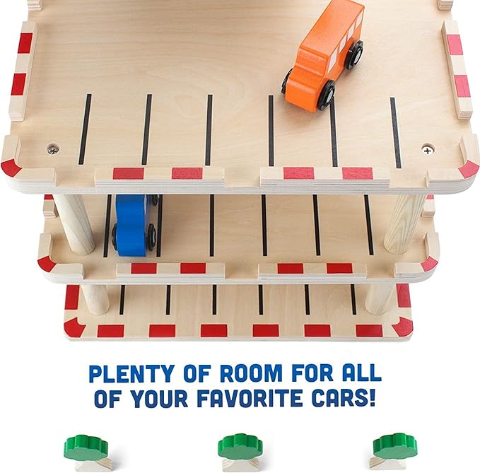 Imagination Generation Downtown Deluxe Wooden Parking Garage Ramp & Service Station Playset with Elevator, Signs & Accessories for Mini Toy Cars (19 pcs)