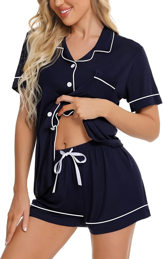 SWOMOG Womens Button Down Pajamas Set Short Sleeve Sleepwear Bride Soft Pj Lounge Sets XS-3XL