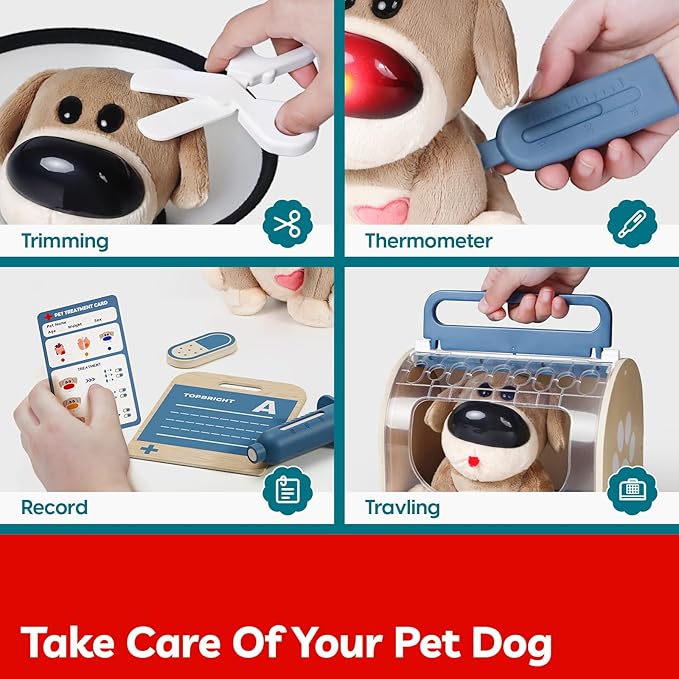 TOP BRIGHT Doctor Kit for Toddlers 3-5, Pretend Play Doctor Toys with Sounds & Reactions, Electronic Interactive Stuffed Dog Vet Kit, Pet Care Play Set Birthday Gifts for Girls Boys 3 4 5