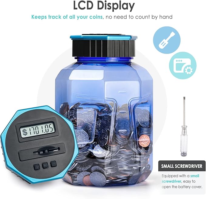 X-Large Piggy Bank for Adults Kids, Vcertcpl Digital Coin Counting Bank with LCD Counter, 2.4L Capacity, Great Coin Counter Bank Money Counting Jar with Total Amount Displayed (Blue2, X-Large)