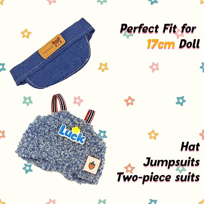 Clothes for 17cm Doll, 2 PCS Cute Blue Lucky Hat & Jumpsuits Set, Dress up Outfit Exquisite Accessories for Dolls