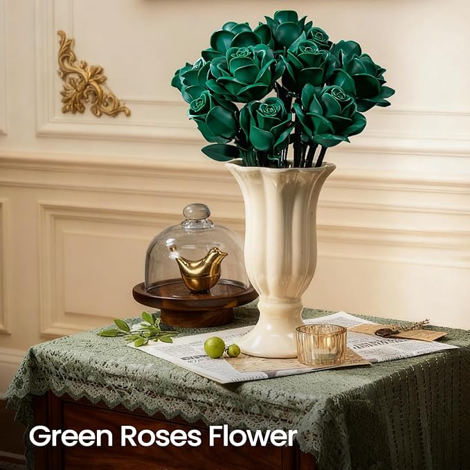 iATOM Green Rose Bouquet Building Set, Artificial Flowers Botanical Collection for Adults, Gift for Valentines Day & Christmas - Retro Home Office Table Centerpiece Decor - IA11018