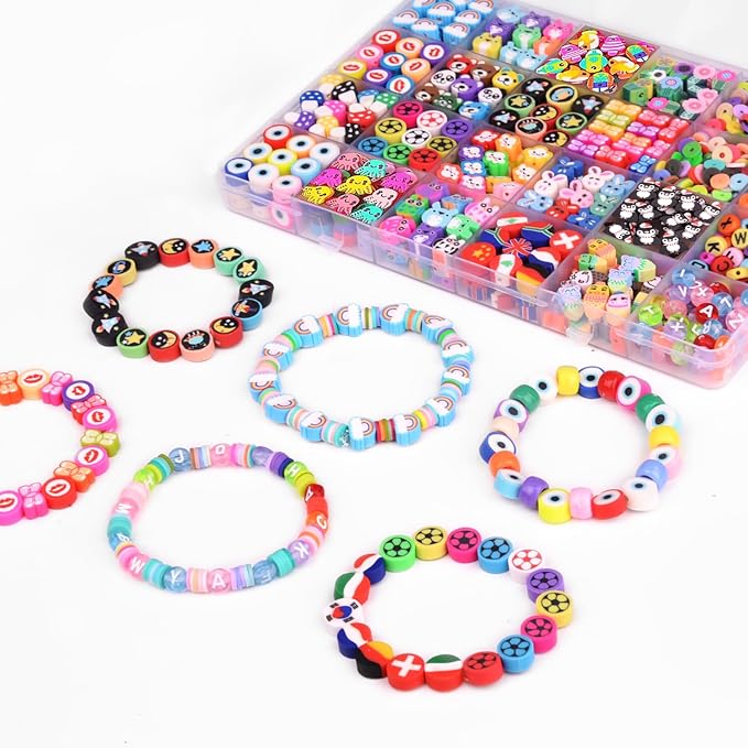 BBita 1000PCS Polymer Clay Beads Bracelet Making kit, 24 Style Cute Fun Beads Flower Animal Rainbow Eye Charms for Jewelry Necklace Earring Making DIY Accessories for Women Girls