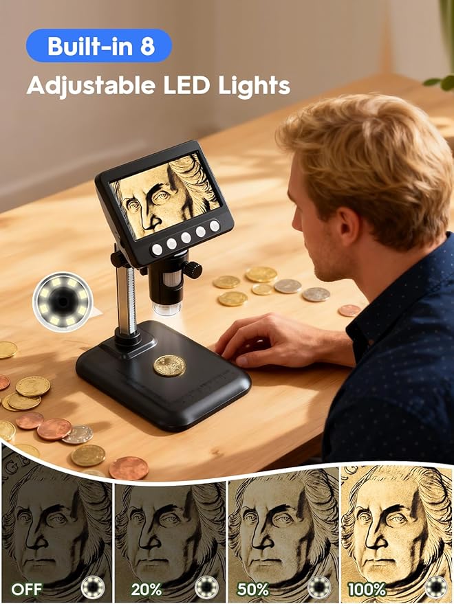 Coin Microscope, 4.3" LCD USB Digital 1000X Coin Magnifier with 8 Adjustable LED Lights, 1080P PC View Compatible with Windows/MacBook for Adults Kids