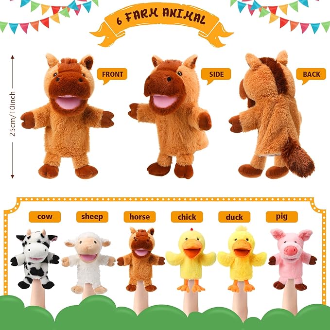 Lenwen 6 Pcs Operation Christmas Items Bulk Animal Hand Puppets with Working Mouth 10 Inches Plush Puppets for Toddler Kid Storytelling Imaginative Role Play Show Party Gifts(Farm Animal)