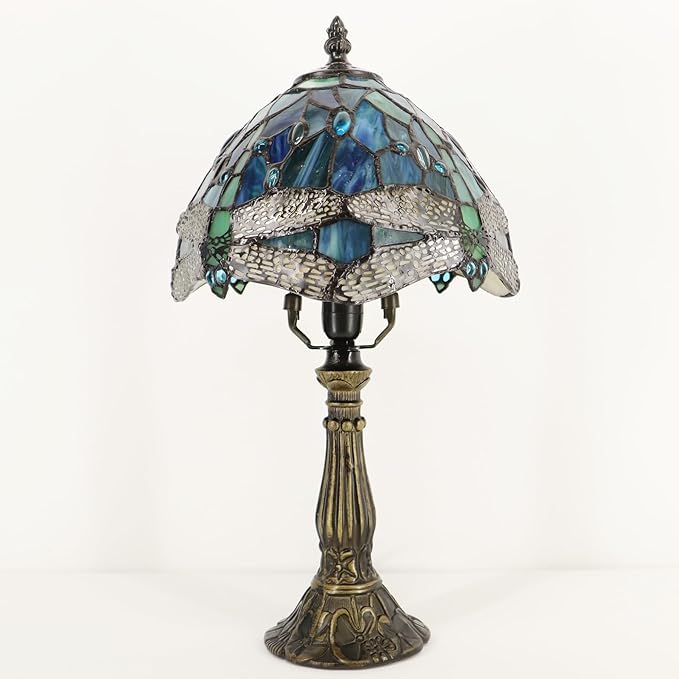 Small Tiffany Lamp Mini Accent Table Lamp Stained Glass Desk Memory Lamp Sympathy 8X14.5 Inch (Sea Blue Dragonfly Style)