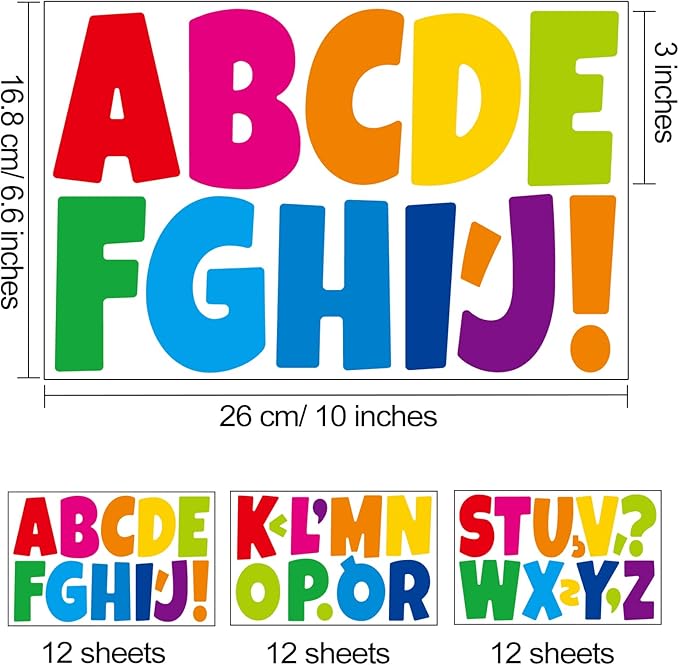 Bemeol Letter Stickers 432 Pieces 36 Sheets Bulletin Board Letters 3 Inch Classroom Alphabet Poster Board Letter for Bulletin Board Display School Decor(Colorful)