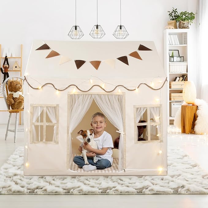 Kids Play Tent, Toddlers Large Playhouse with Star String, Flag, Machine Washable, Indoor and Outdoor Play Tent for Kids, Girls & Boy Aged 3+, 50" x 34" x 51", Cream