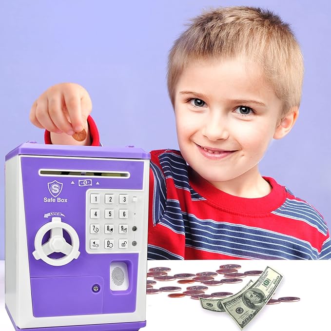 Toy Safe Box, Electronic ATM Piggy Bank, Money Coin Savings Bank, Finger Print Scanner Lock, Great Gift for Children Kids (Purple)