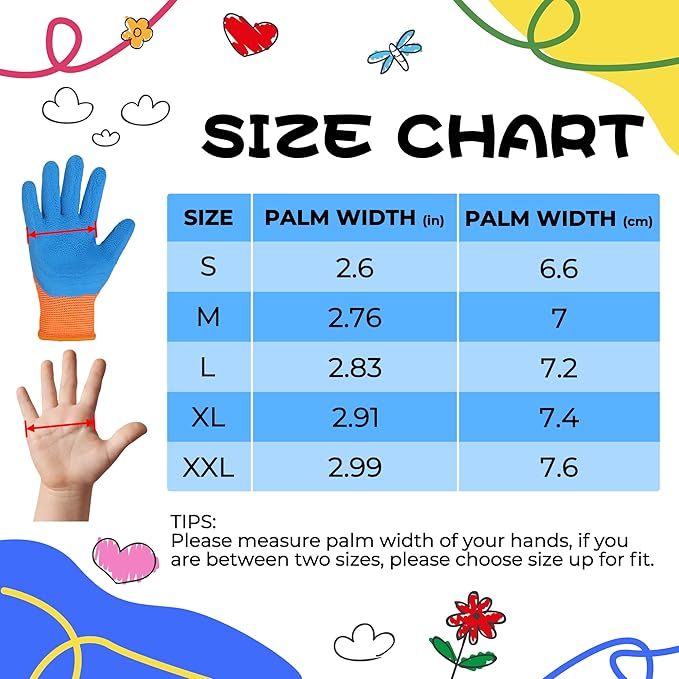 HANDLANDY 2 Pairs Kids Gardening Gripper Gloves, Foam Rubber Coated Children Toddler Garden Yard Work Outdoor Playing Gloves for Girls Boys (Size L)