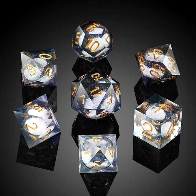 DNDND Liquid Sharp Edge DND Dice, A Full Set of Liquid D&D Die with Gift Case for Dungeons and Dragon Game (Grey Liquid)