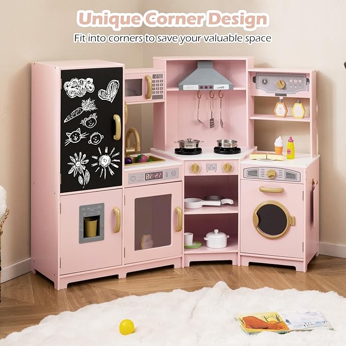 Costzon Corner Play Kitchen w/Lights, Sounds, Large Pretend Play Kitchen Set w/Blackboard, Microwave, Cooking Accessories, Wooden Montessori Sensory Toy for Kids 3+ Years Old (Pink)