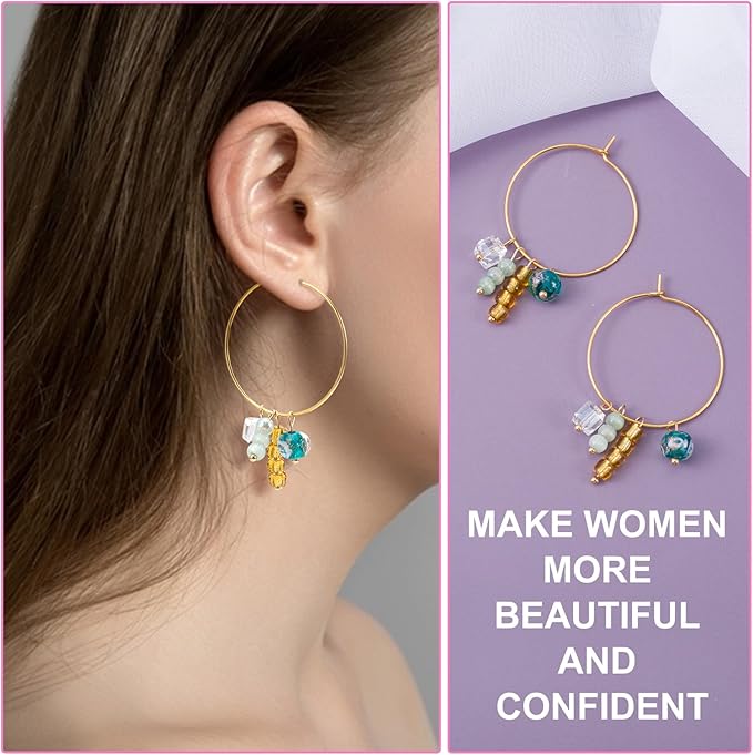 Pndeyo 60pcs Hypoallergenic Earring Beading Hoops, Mix Sizes Round Hoop Earrings Findings, Open Earring Wire Ring Accessories for Jewelry Making- Gold