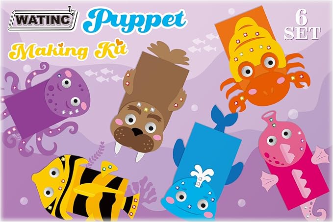 WATINC 6Pcs Hand Puppet Making Kit, Art Craft Felt Sock Puppet Toys, Creative DIY Make Your Own Pompoms Wiggle Googly Eyes Storytelling Role Play Party Supplies Gift for Girls Boys (Ocean Animals B)
