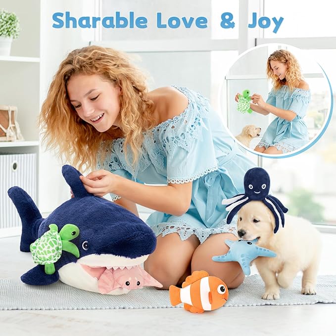 MaoGoLan Soft Shark Stuffed Animals in Bulk Plush Shark Toys with 5 Sea Animals Inside - Octopus Turtle Clown Fish Starfish Stingray, Kids Party Favors Valentine's Day Christmas