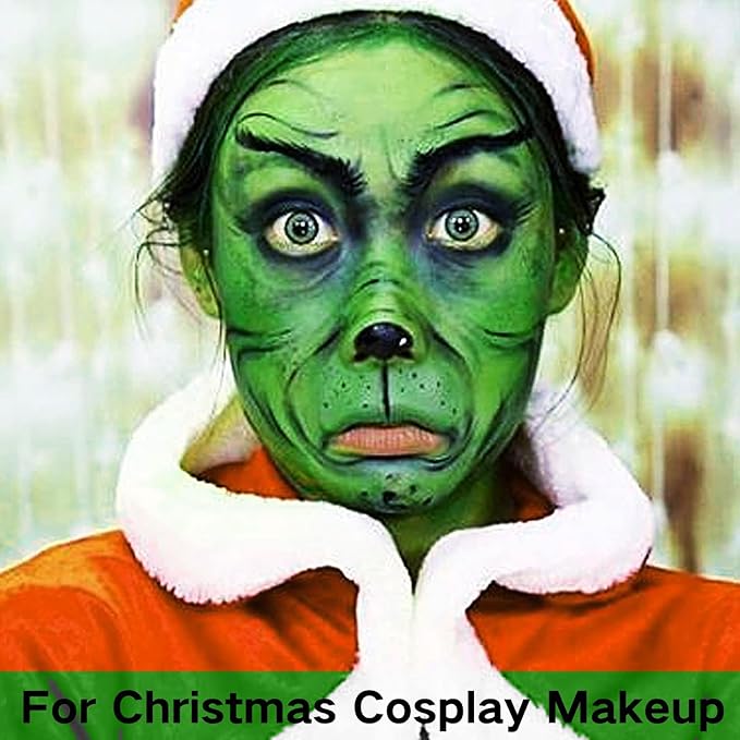 MEICOLY 7Pcs Black White Green Face Body Paint Stick Set with Setting Powder and Sponges,Clown Black White Face Paint,Elphaba Face Paint Makeup,Green Body Paint for Halloween SFX Cosplay Witch Makeup