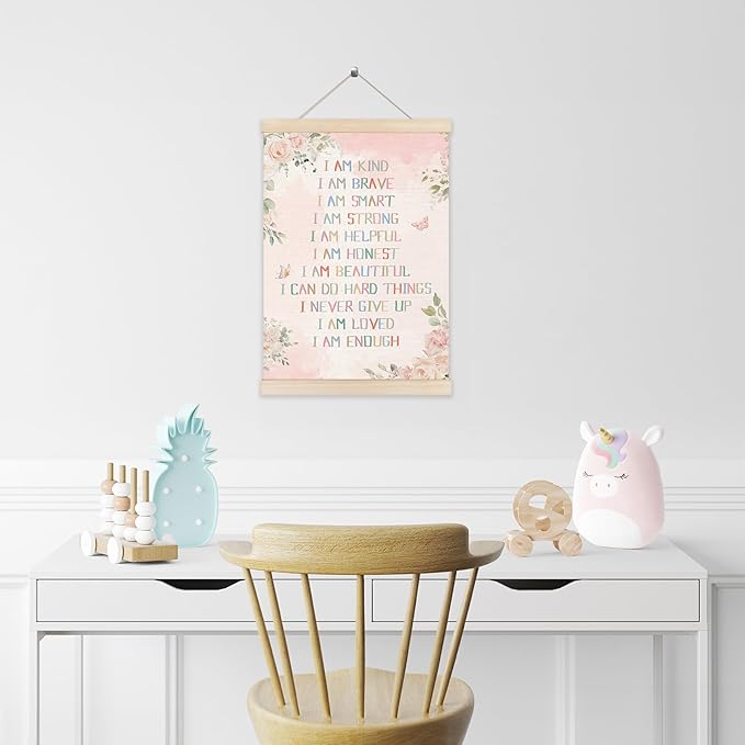 Koesus Inspirational Girls Nursery Wall Art Poster Hanger Frame 12x16 Inch, Boho Pink Floral Positive Affirmation Canvas Pictures Prints Framed Wall Decor for Toddler Girls Room Nursery Playroom