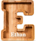Customized Name Large Wooden Piggy Bank for Kids Boys Girls Alphabets Letter A-Z Coins Bills Money Change Bank Box Initial on Clear Cover (Laser Engraved) (Alphabet-E, Personalized-9")