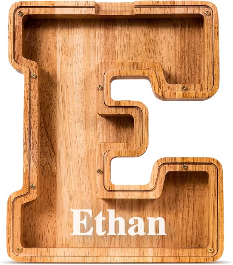 Customized Name Large Wooden Piggy Bank for Kids Boys Girls Alphabets Letter A-Z Coins Bills Money Change Bank Box Initial on Clear Cover (Laser Engraved) (Alphabet-E, Personalized-9")
