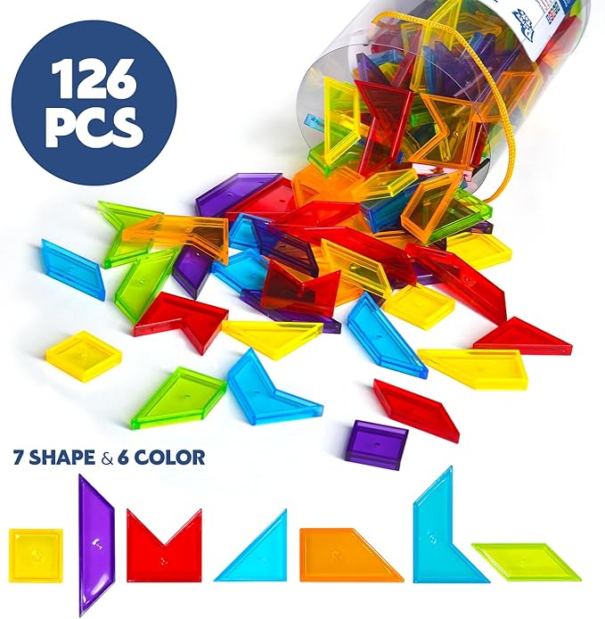 Transparent Pattern Blocks, 126 Pcs Geometric Shapes Blocks, Tangram Puzzles, Practice Sorting Counting Patterning, Math Manipulatives for Kids, Back to School Supplies, Teacher Supplies