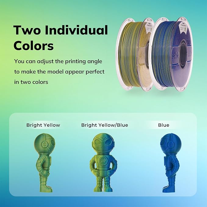 AMOLEN PLA Filament 1.75mm Dual Color Blue & Bright Yellow, True High Speed 600mm/s 3D Printer Filament, Dimensional Accuracy +/- 0.02mm, 1KG Spool(2.2lbs) Fits for Most FDM 3D Printers