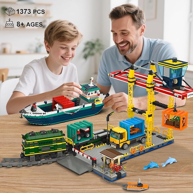 HOGOKIDS City Wharf Building Set with Crane - Includes Ship Train Truck, 4 Containers with Cargo Harbor Building Blocks | Large Construction Toy for for Adults Teens Kids Girls Boys 6-14+（1373PCS）