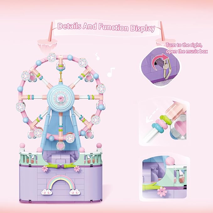 Music Box Building Toys, Rotating Ferris Wheel DIY Building Block for Girls and Boys 6-12 Years Old, 710 pcs, Christmas and Valentine Gifts for Adults and Aged 8 9 10 11 12 Kids