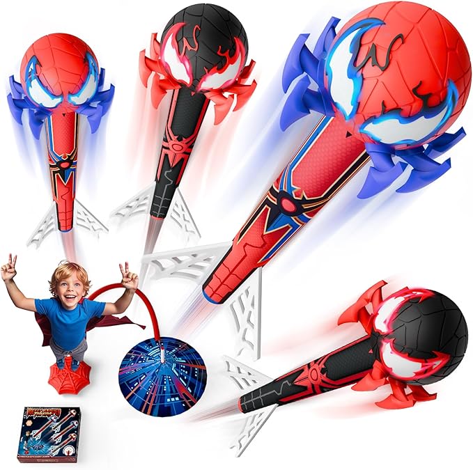 Spider Rocket Launcher for Kids, 4 Spider Rockets with Web Air Pump, Stomping Launch up Toys, Outdoor Outside Spider Toys Gifts for 3 4 5 6 7 8 9 10 Year Old Boys Girls Age 3-4 4-6 6-8 Birthday Gift
