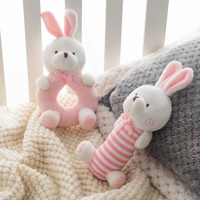 Plush Baby Soft Rattle Toys, Pink Bunny for Infants, First Stuffed Animal Shaker Set for Newborns, Soft Ring Sensory Toys for Infant Boys Girls, Baby Shower Gifts, 2 PCS