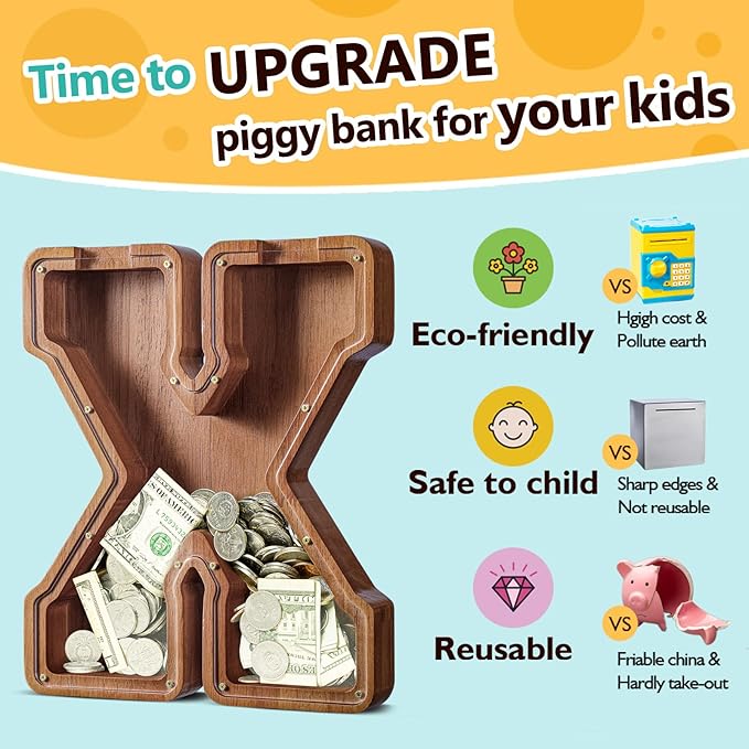 Summidate Customized Name Extra Large Wooden Piggy Bank for Kids Boys Girls Alphabets Letter A-Z Coins Bills Money Change Saving Box Clear Cover (Laser Engraved) Educational Toys 12"- Letter X