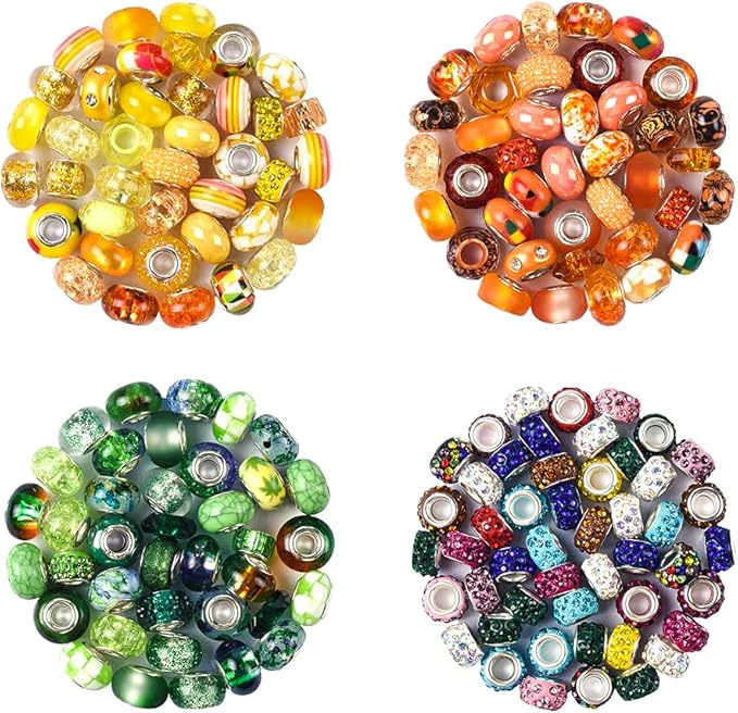 Aipridy Assortment European Large Hole Beads Spacer Beads Rhinestone Craft Beads for DIY Charms Bracelet Jewelry Making (Green-Orange-Lemon)