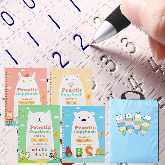 Upgraded Large Size Magic Practice Writing Copybook, Reusable for Kids, Reusable Copybook Preschool for Kids Age 3-8 Calligraphy(4 Books with Pens)-Blue Bag