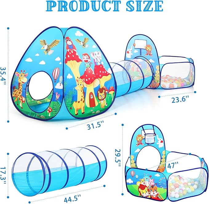 PigPigPen 3 in 1 Kids Play Tent with Tunnel and Ball Pit for Boys Girls, Toddler Pop Up Playhouse Toy for Indoor Outdoor (Jungle 3pc Play Tent)