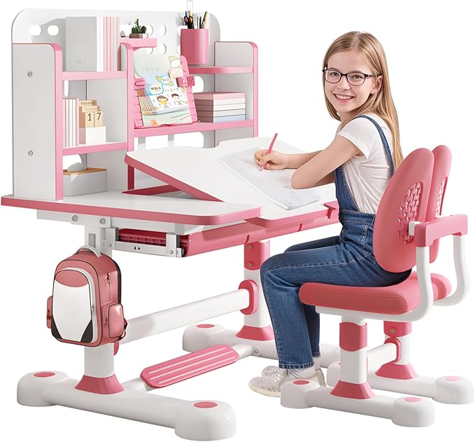 2025 NEW Kid's Study Desk and Chair Set, Ergonomic Height Adjustable Children Study Desk with Tilt Desktop, Book Stand, Light, Metal Hook and Storage Drawer,Gift for Boys Girls (Pink 119cm lean)