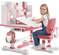 2025 NEW Kid's Study Desk and Chair Set, Ergonomic Height Adjustable Children Study Desk with Tilt Desktop, Book Stand, Light, Metal Hook and Storage Drawer,Gift for Boys Girls (Pink 119cm lean)