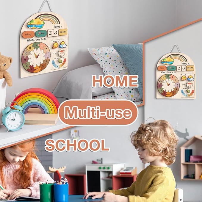 Interactive Calendar for Kids Ages 3+, Wooden Toddler Calendar, Teaching Seasons, Years, Months, Days of Week, Daily Activity Calendars for Kid Preschool & Homeschool (04 - Rainbow)