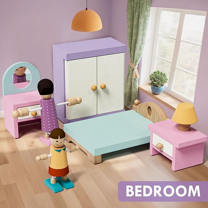Lehoo Castle Wooden Dollhouse Furniture Set 39 Pcs with 5 Rooms, Family Dolls & Pets, All-Wooden Doll House Accessories and Furniture, Pretend Play Dollhouse Accessories Toy Gift for Kids 3+