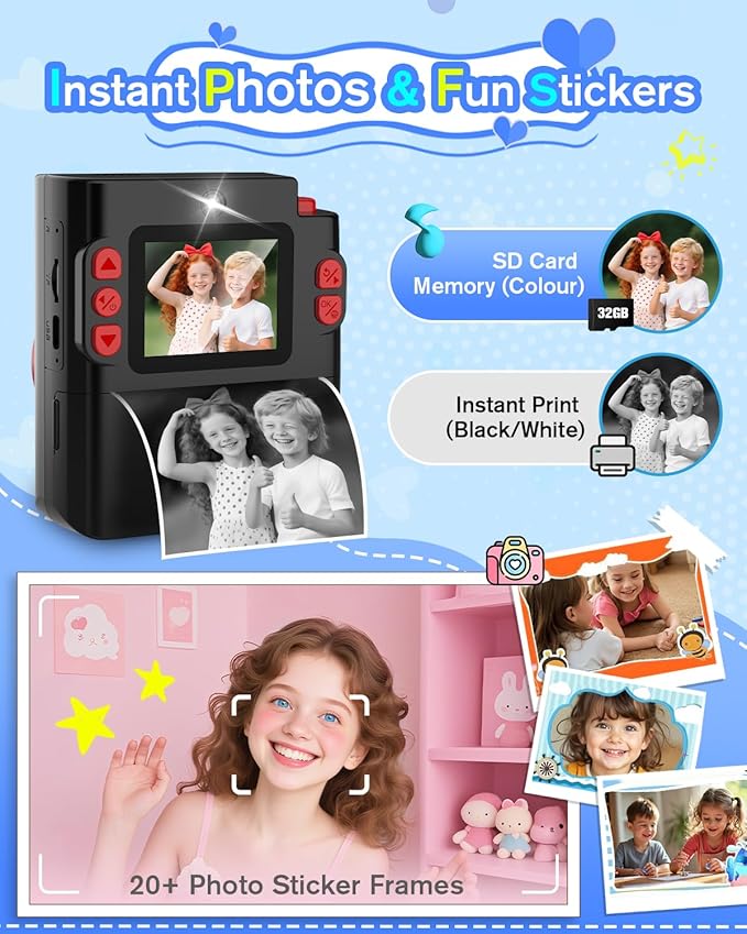 Instant Print Camera for Kids - Classic Black Digital Camera for 3-12 Year Olds, 1080P HD with 32GB SD Card, Selfie Mode & Durable Design, Ideal Christmas Birthday Gift, Portable Travel Toy