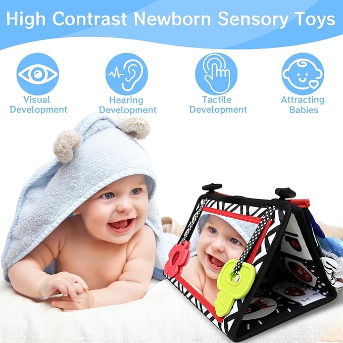 Tummy Time Mirror Newborn Toys: Black and White Infant Tummy Time Toys 0-3 0-6 6-12 Months Babies High Contrast Baby Toy with Baby Book & Teethers Montessori Sensory Floor Toy for Boy Girl Baby Gifts