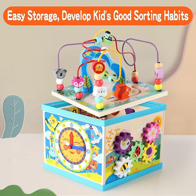 Qilay Wooden Activity Cube for Toddlers 1-3 (Large), 5 in 1 Multipurpose ABC-123 Abacus Bead Maze Shape Sorter | Early Educational Toy for Toddlers - First Birthday Present for Boys Girls