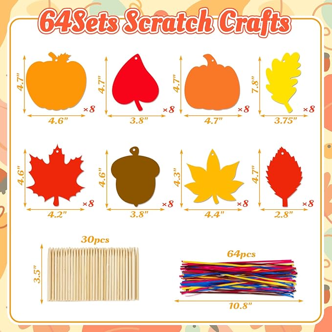 Eternity sky 64 Sets Fall Thanksgiving Crafts Colorful Leaves Pumpkin Scratch Art, Autumn Magic DIY Kit Classroom Activities Party Favors