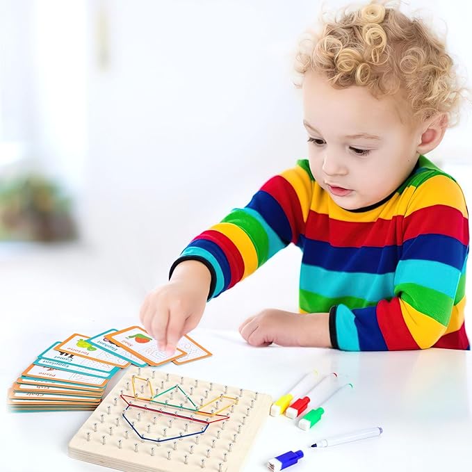 LovesTown Wooden Geoboard Montessori Toys for Kids Graphical Geo Board with Rubber Bands Educational Brain Teaser Toys for Boys Girls