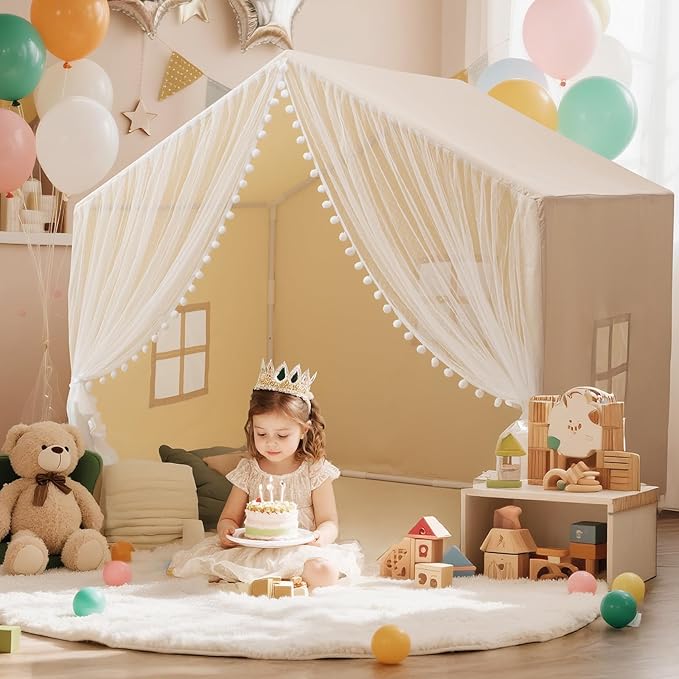 Large Kids Play Tent, 55.1in Length, Fits 3-4 Children,Indoor Playhouse for Kids, with Padded Mat and Lights, Bed Tent for Toddler, Birthday for Boys Girls