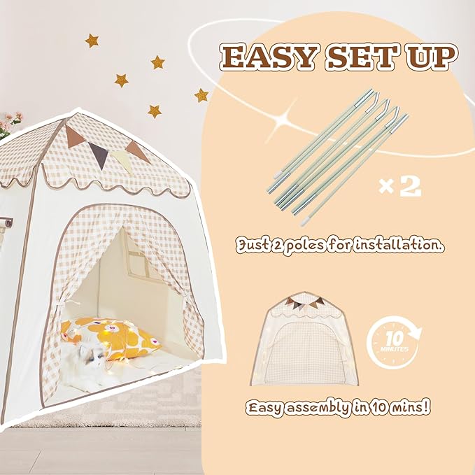 Toddler Bed Tent, Kids Play Tent with Flags, Star String, Portable Bed Canopy for Boys & Girls, Children, Indoor Outdoor Dome Playhouse, Khaki Plaid, 51" x 39" x 51"